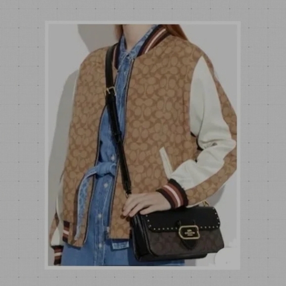 NWT Coach Morgan Black Brown Signature Canvas Gold Stud Rivets Shoulder Bag - Picture 5 of 7